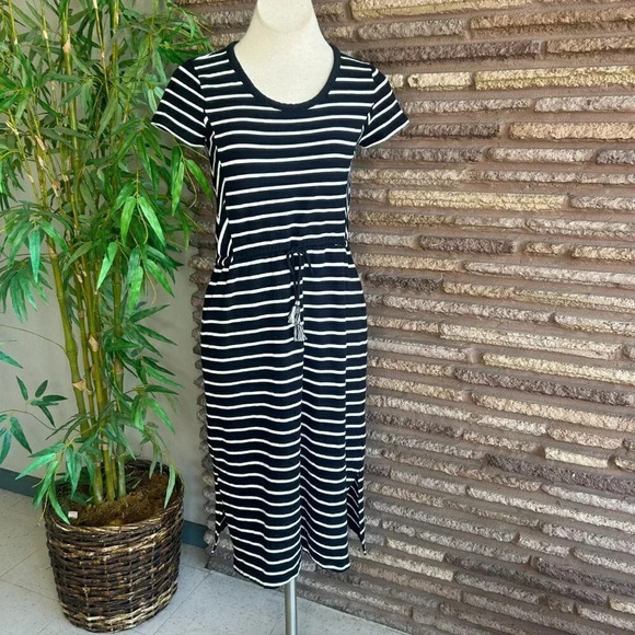 T by Talbots Navy Blue Stripes Casual T Shirt Dress Drawstring Waist Size Small - Picture 8 of 9